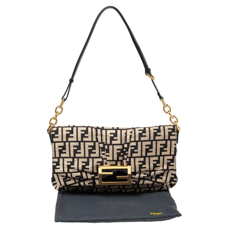 Pre Owned Fendi Black/Beige Zucca Canvas and Patent Leather Mia Flap Shoulder Bag