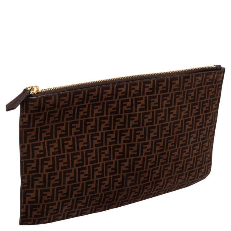 Pre Owned Fendi Tobacco Zucca Suede Flat Pouch