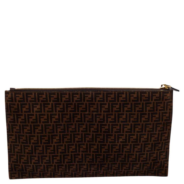 Pre Owned Fendi Tobacco Zucca Suede Flat Pouch