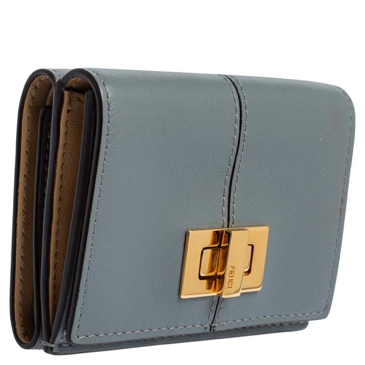 Pre Owned Fendi Dust Grey Leather Peekaboo Trifold Wallet