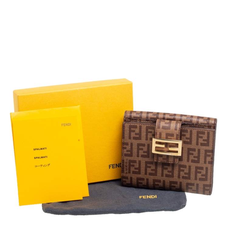Pre Owned Fendi Brown Zucchino Coated Canvas Compact Wallet
