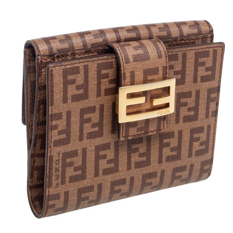 Pre Owned Fendi Brown Zucchino Coated Canvas Compact Wallet
