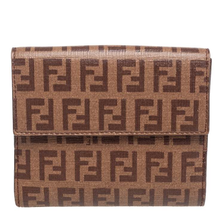 Pre Owned Fendi Brown Zucchino Coated Canvas Compact Wallet