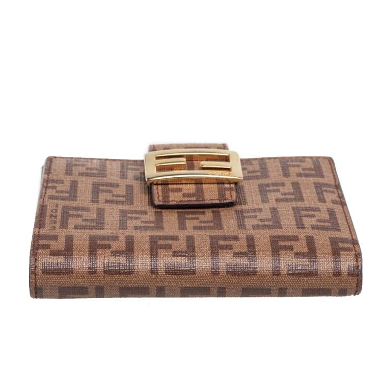 Pre Owned Fendi Brown Zucchino Coated Canvas Compact Wallet