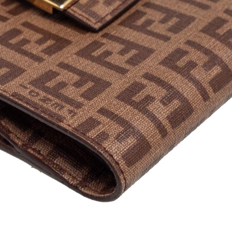 Pre Owned Fendi Brown Zucchino Coated Canvas Compact Wallet