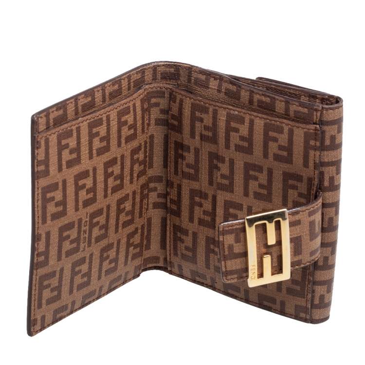 Pre Owned Fendi Brown Zucchino Coated Canvas Compact Wallet