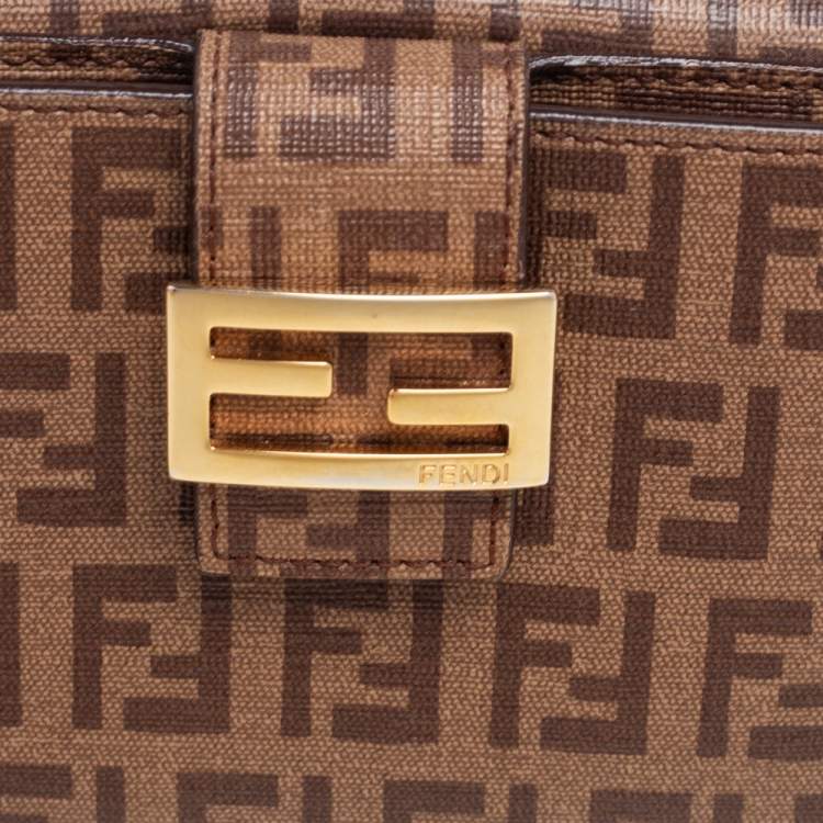 Pre Owned Fendi Brown Zucchino Coated Canvas Compact Wallet