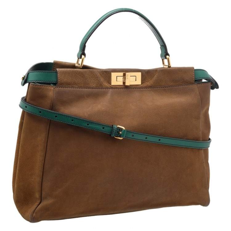 Pre Owned Fendi Brown/Green Leather Large Peekaboo Top Handle Bag