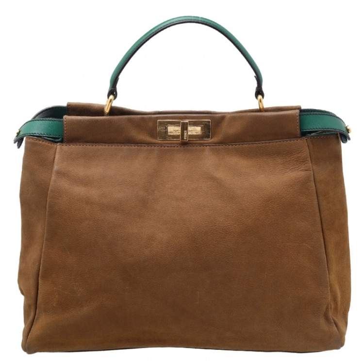 Pre Owned Fendi Brown/Green Leather Large Peekaboo Top Handle Bag