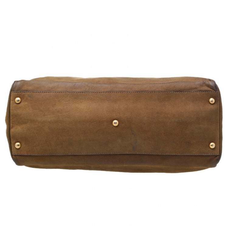 Pre Owned Fendi Brown/Green Leather Large Peekaboo Top Handle Bag
