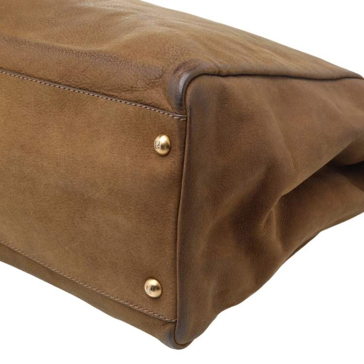 Pre Owned Fendi Brown/Green Leather Large Peekaboo Top Handle Bag