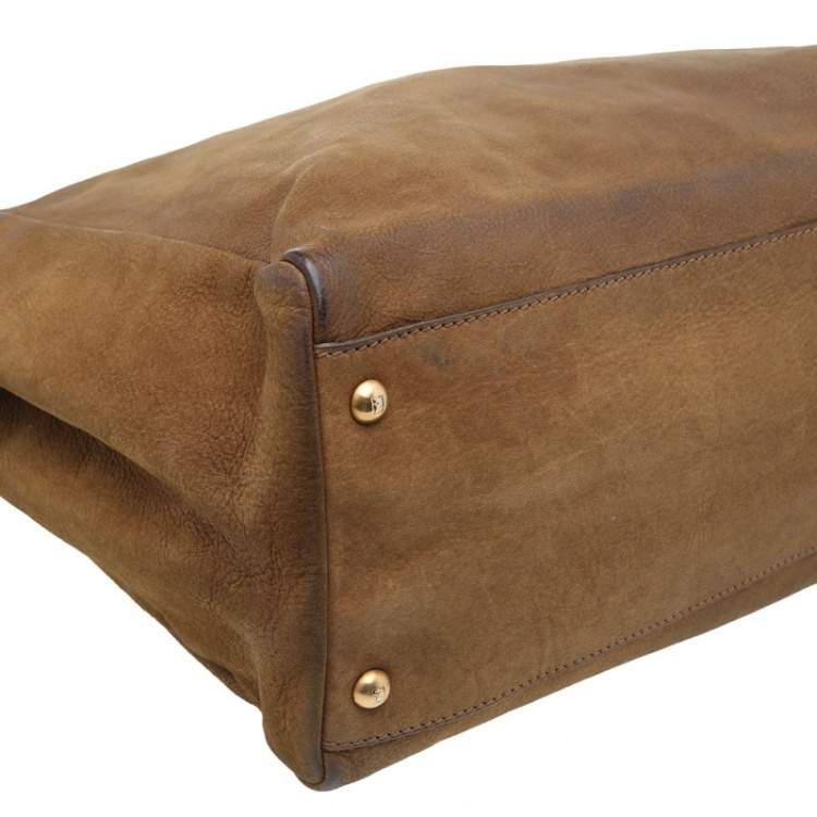 Pre Owned Fendi Brown/Green Leather Large Peekaboo Top Handle Bag