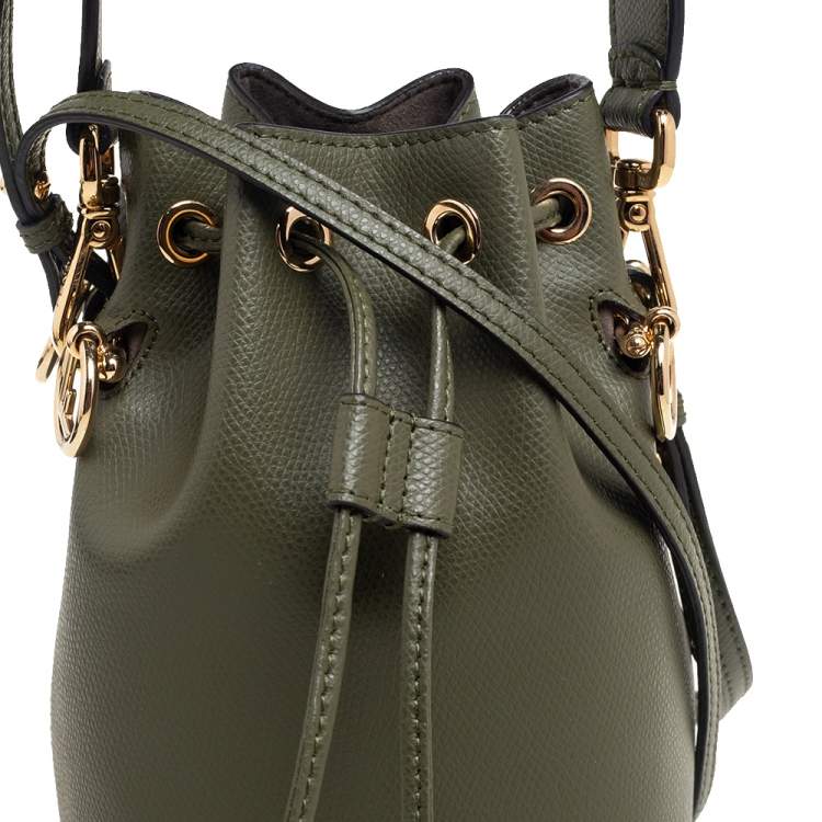 Pre Owned Fendi Green Leather Mini Mon Tresor Drawstring Bucket Bag