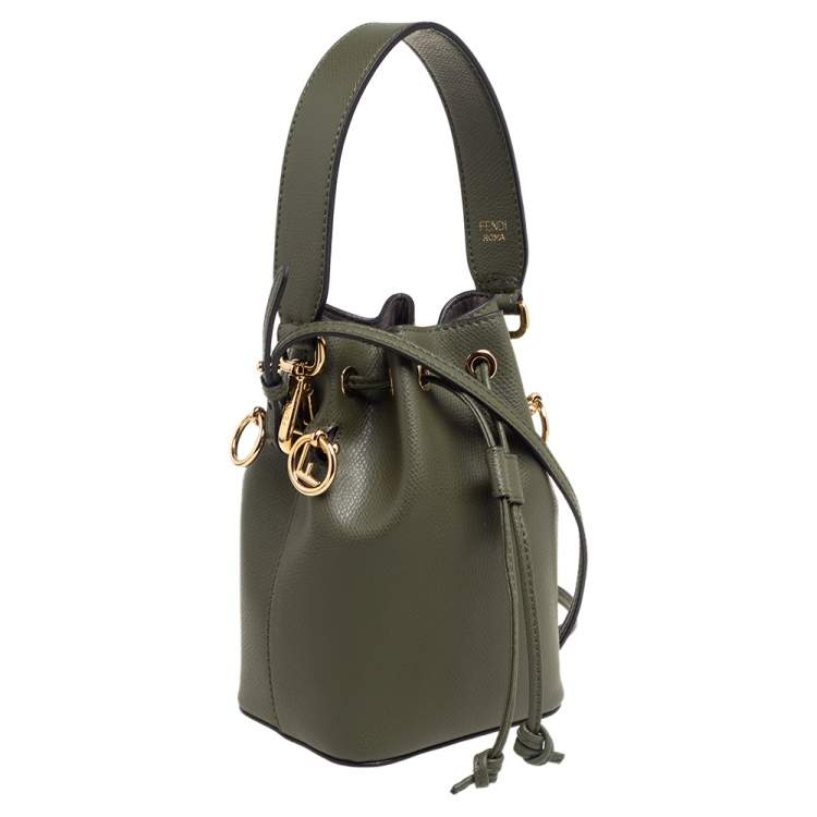 Pre Owned Fendi Green Leather Mini Mon Tresor Drawstring Bucket Bag
