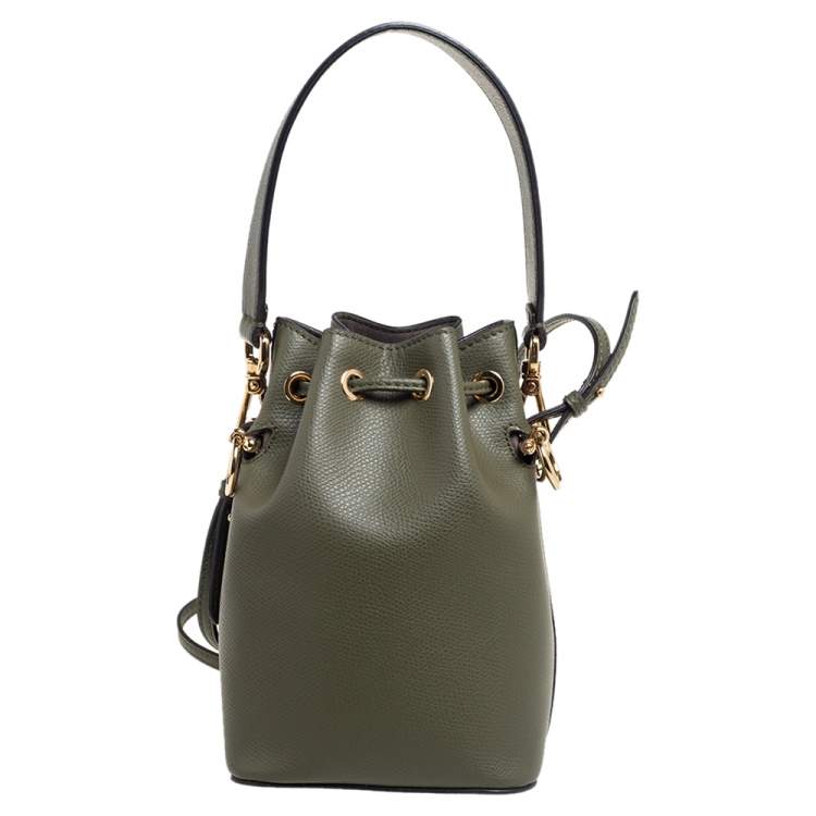 Pre Owned Fendi Green Leather Mini Mon Tresor Drawstring Bucket Bag