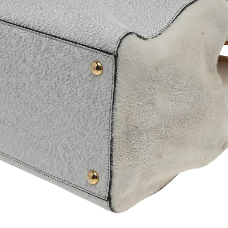 Pre Owned Fendi White/Brown Leather And Calf Hair Large 2jours Tote