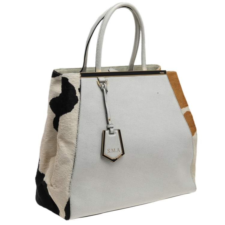 Pre Owned Fendi White/Brown Leather And Calf Hair Large 2jours Tote