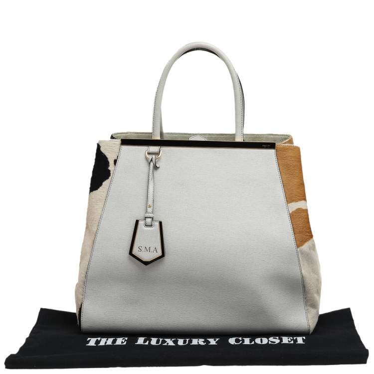 Pre Owned Fendi White/Brown Leather And Calf Hair Large 2jours Tote