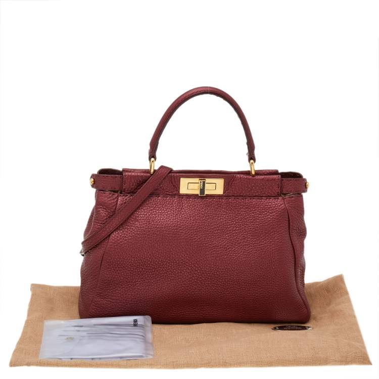 Pre Owned Fendi Metallic Ruby Red Selleria Leather Medium Peekaboo Top Handle Bag