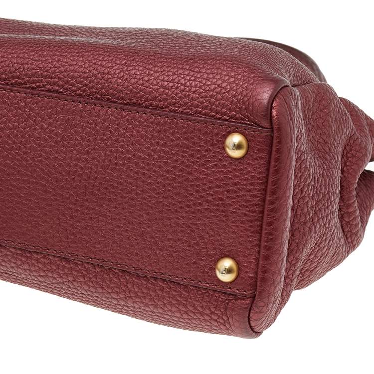 Pre Owned Fendi Metallic Ruby Red Selleria Leather Medium Peekaboo Top Handle Bag