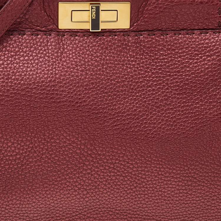 Pre Owned Fendi Metallic Ruby Red Selleria Leather Medium Peekaboo Top Handle Bag