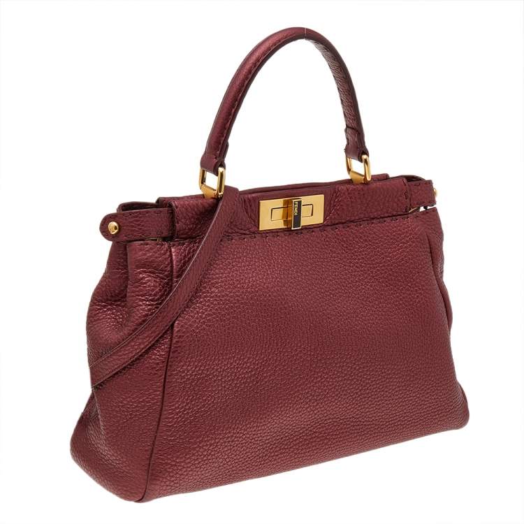 Pre Owned Fendi Metallic Ruby Red Selleria Leather Medium Peekaboo Top Handle Bag