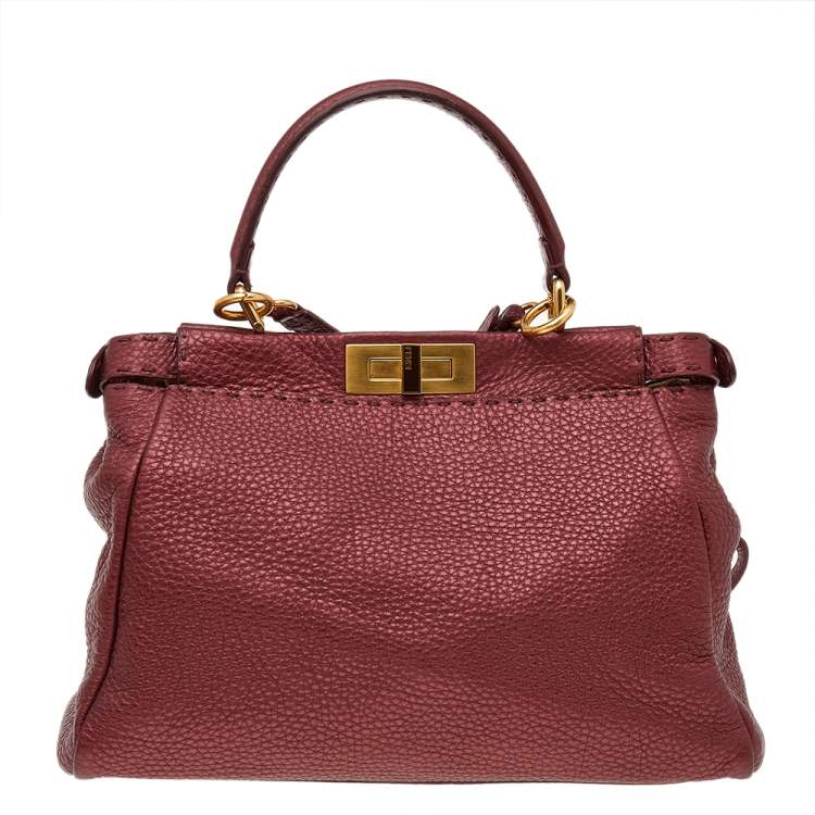 Pre Owned Fendi Metallic Ruby Red Selleria Leather Medium Peekaboo Top Handle Bag