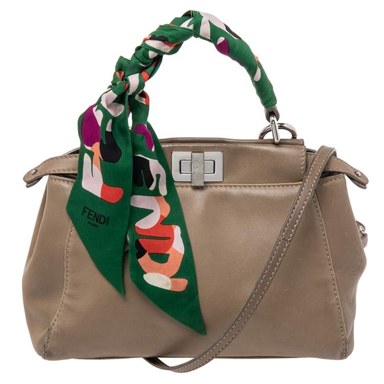 Pre Owned Fendi Olive Green Leather Mini Peekaboo Top Handle Bag