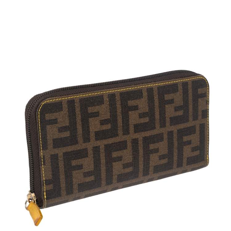 Pre Owned Fendi Tobacco Zucca Coated Canvas Zip Around Wallet