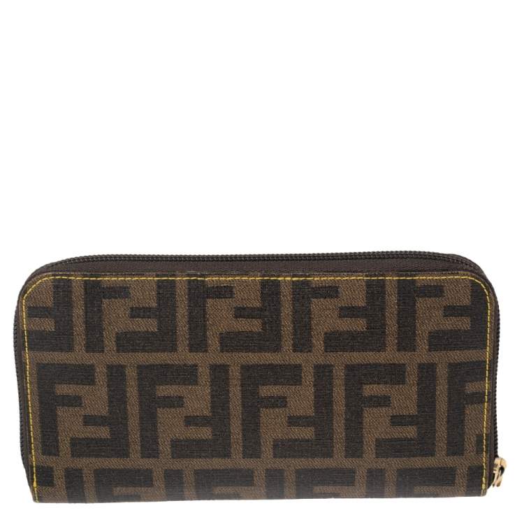 Pre Owned Fendi Tobacco Zucca Coated Canvas Zip Around Wallet