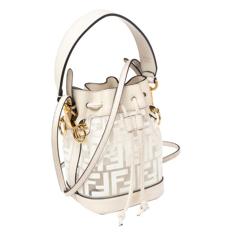 Pre Owned Fendi White Zucca PVC and Leather Mini Mon Tresor Drawstring Bucket Bag