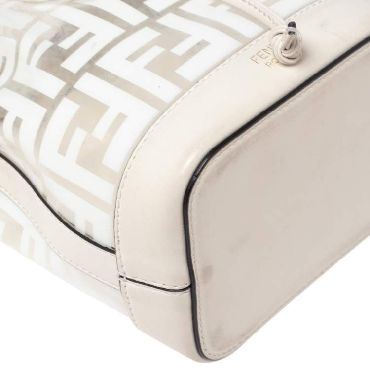 Pre Owned Fendi White Zucca PVC and Leather Mini Mon Tresor Drawstring Bucket Bag