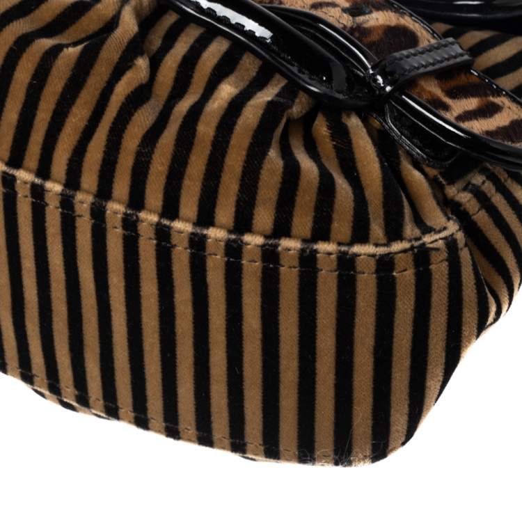 Pre Owned Fendi Brown/Black Striped Velvet and Calfhair B Bis Shoulder Bag