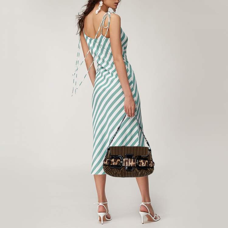 Pre Owned Fendi Brown/Black Striped Velvet and Calfhair B Bis Shoulder Bag