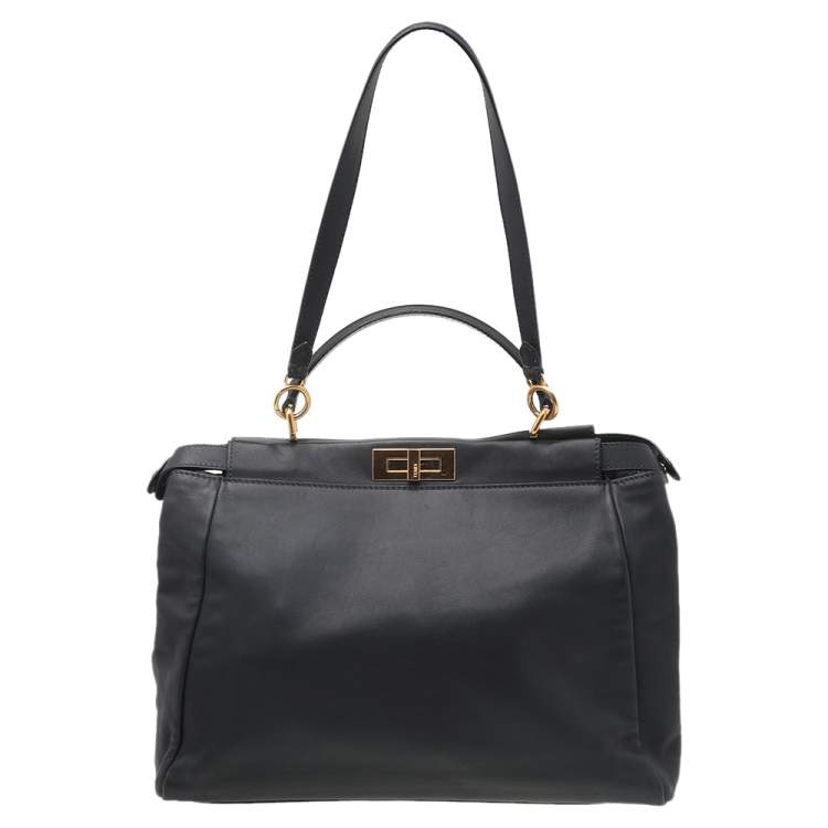 Pre Owned Fendi Dark Grey Leather Large Peekaboo Top Handle Bag