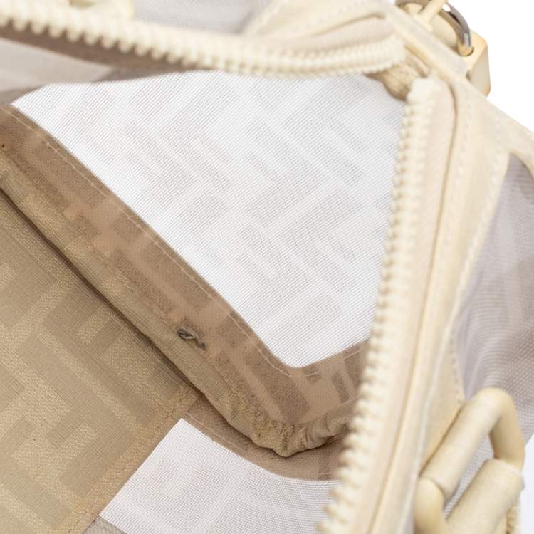 Pre Owned Fendi White Zucca Mesh and Coated Canvas Bauletto Boston Bag