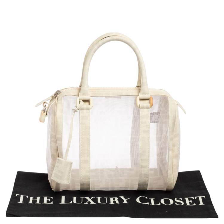 Pre Owned Fendi White Zucca Mesh and Coated Canvas Bauletto Boston Bag