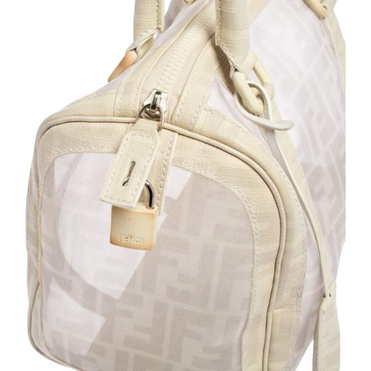 Pre Owned Fendi White Zucca Mesh and Coated Canvas Bauletto Boston Bag