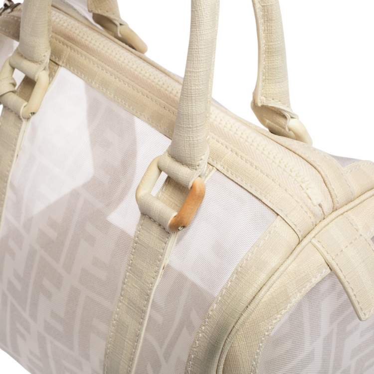 Pre Owned Fendi White Zucca Mesh and Coated Canvas Bauletto Boston Bag