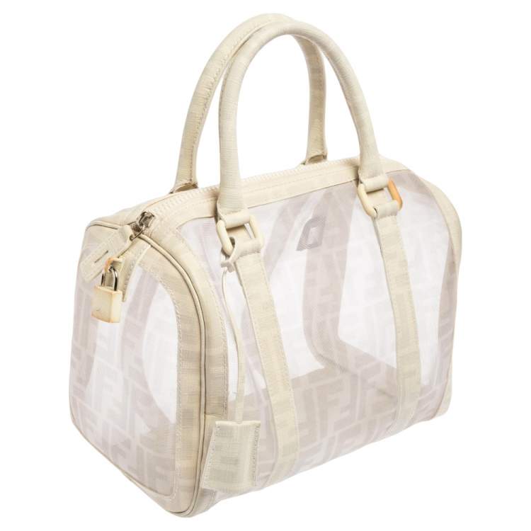 Pre Owned Fendi White Zucca Mesh and Coated Canvas Bauletto Boston Bag