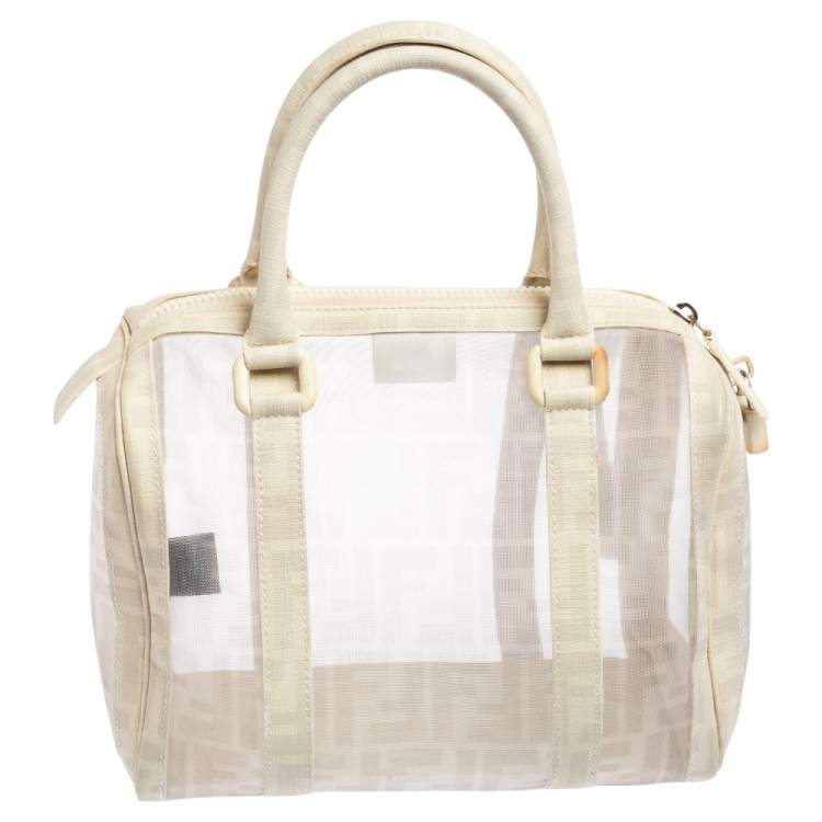Pre Owned Fendi White Zucca Mesh and Coated Canvas Bauletto Boston Bag