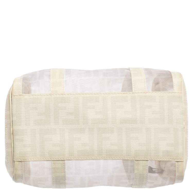 Pre Owned Fendi White Zucca Mesh and Coated Canvas Bauletto Boston Bag