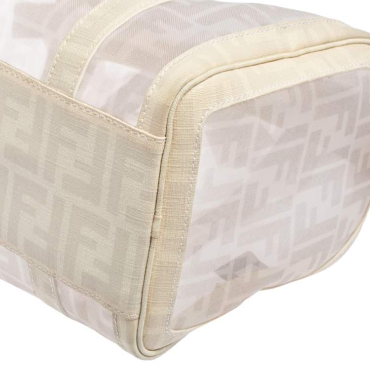 Pre Owned Fendi White Zucca Mesh and Coated Canvas Bauletto Boston Bag