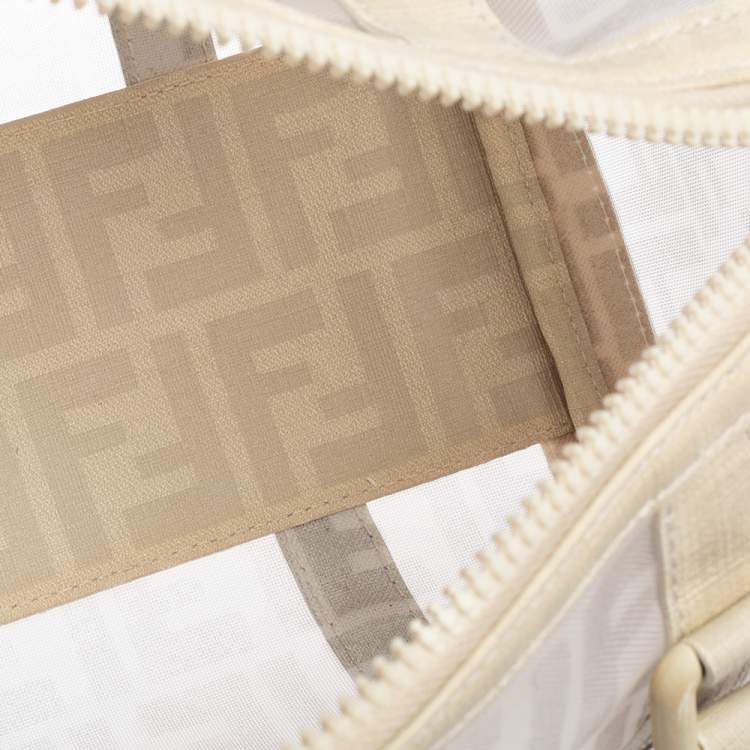 Pre Owned Fendi White Zucca Mesh and Coated Canvas Bauletto Boston Bag