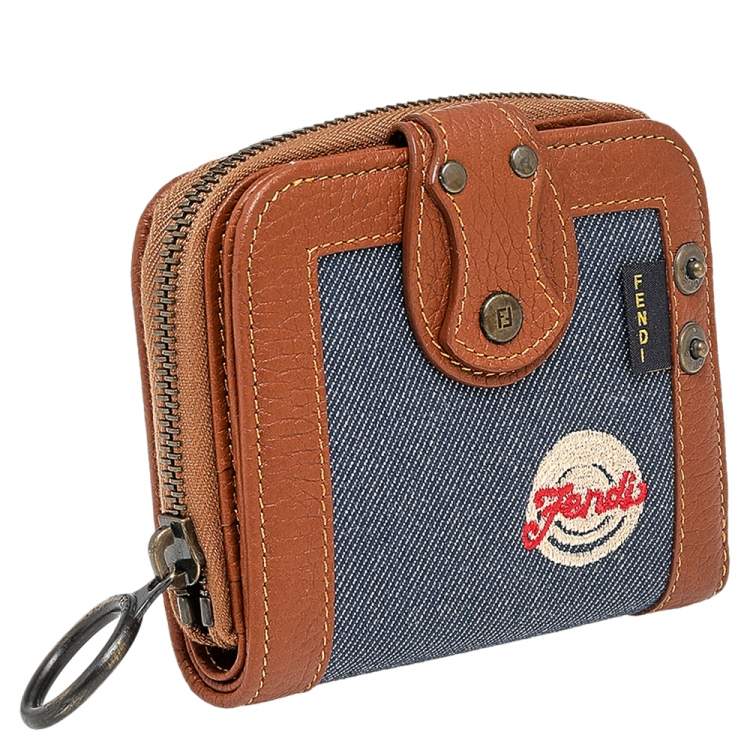 مملوكة مسبقًا Fendi Brown/Blue Leather and Denim Compact Wallet