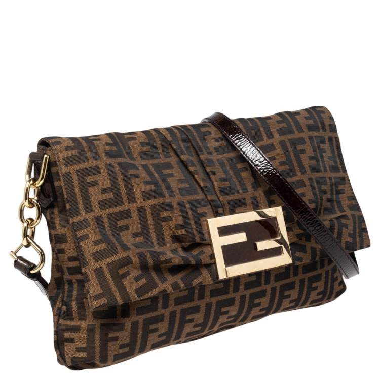 Pre Owned Fendi Tobacco Zucca Canvas and Patent Leather Mia Flap Bag