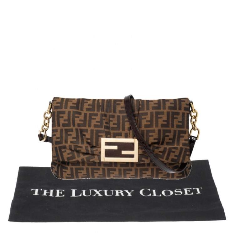 Pre Owned Fendi Tobacco Zucca Canvas and Patent Leather Mia Flap Bag