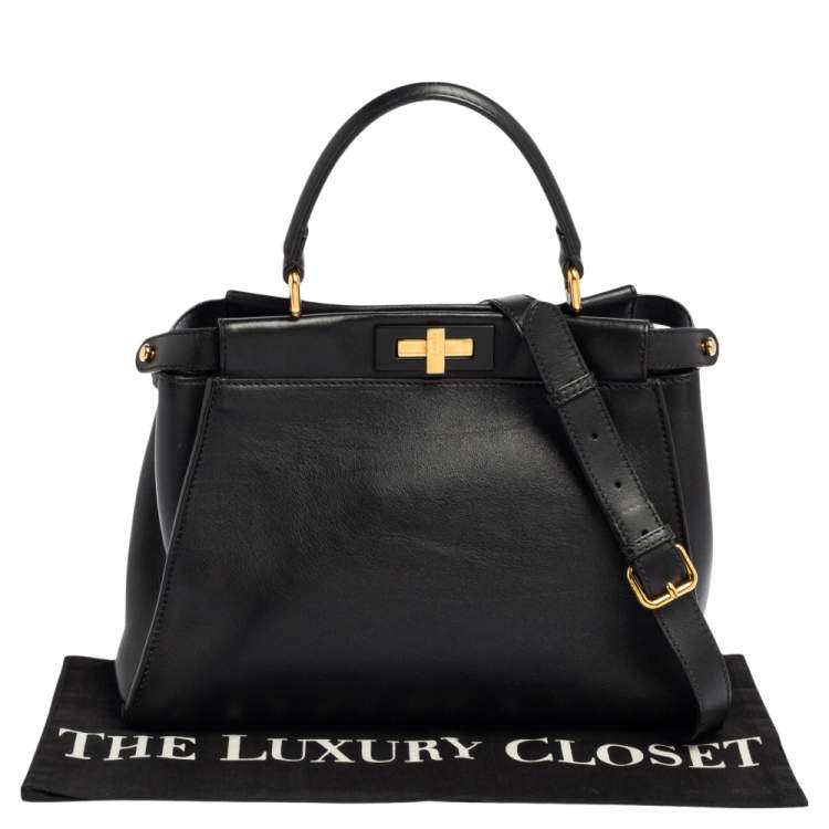 Pre Owned Fendi Black Leather Medium Peekaboo Top Handle Bag