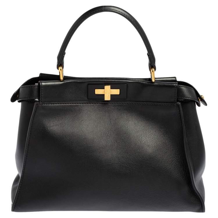 Pre Owned Fendi Black Leather Medium Peekaboo Top Handle Bag