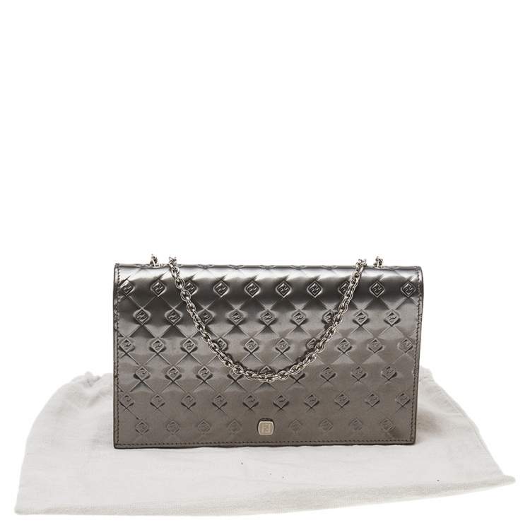 Pre Owned Fendi Grey Patent Leather Fendilicious Wallet On Chain